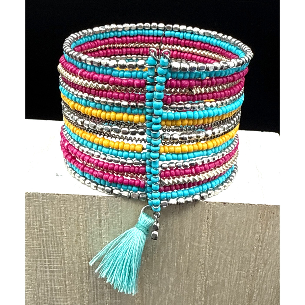 Handmade Bracelet 6.5" Adjustable Aqua Red Yellow Seed Bead Woven Boho Wide Cuff